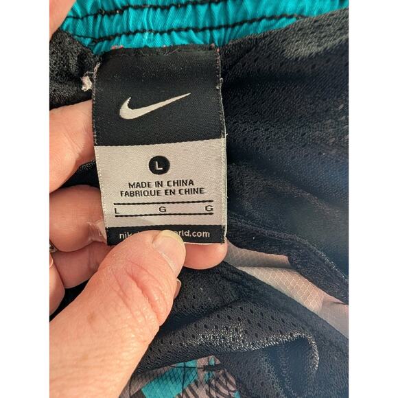 Nike Mens Swim Shorts Trunks L Blue Gray Geometric Print Logo Drawstring Pockets - Picture 6 of 8